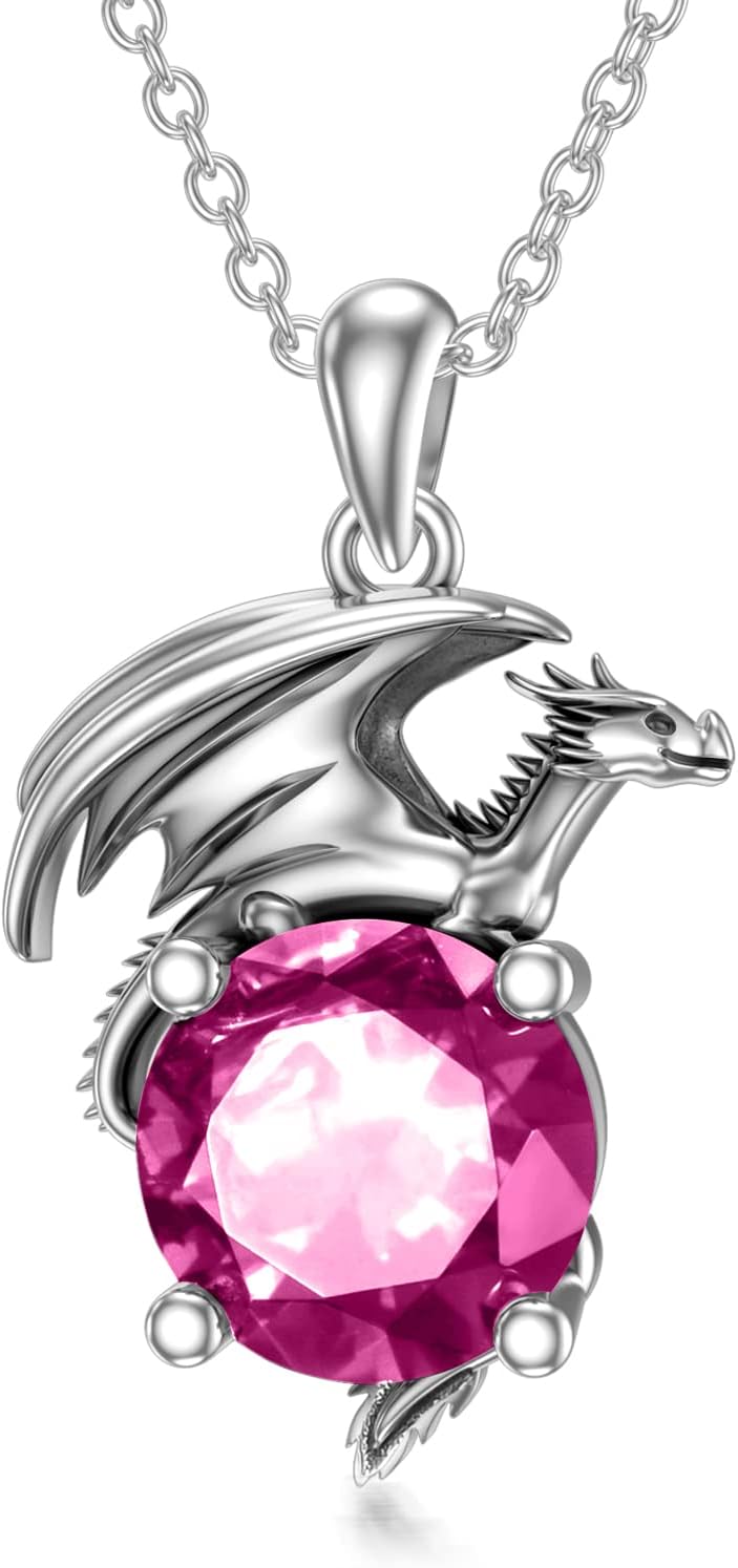 Dragon Necklace for Women/Men Sterling Silver Necklace with Birthstone Gift for Women/Men