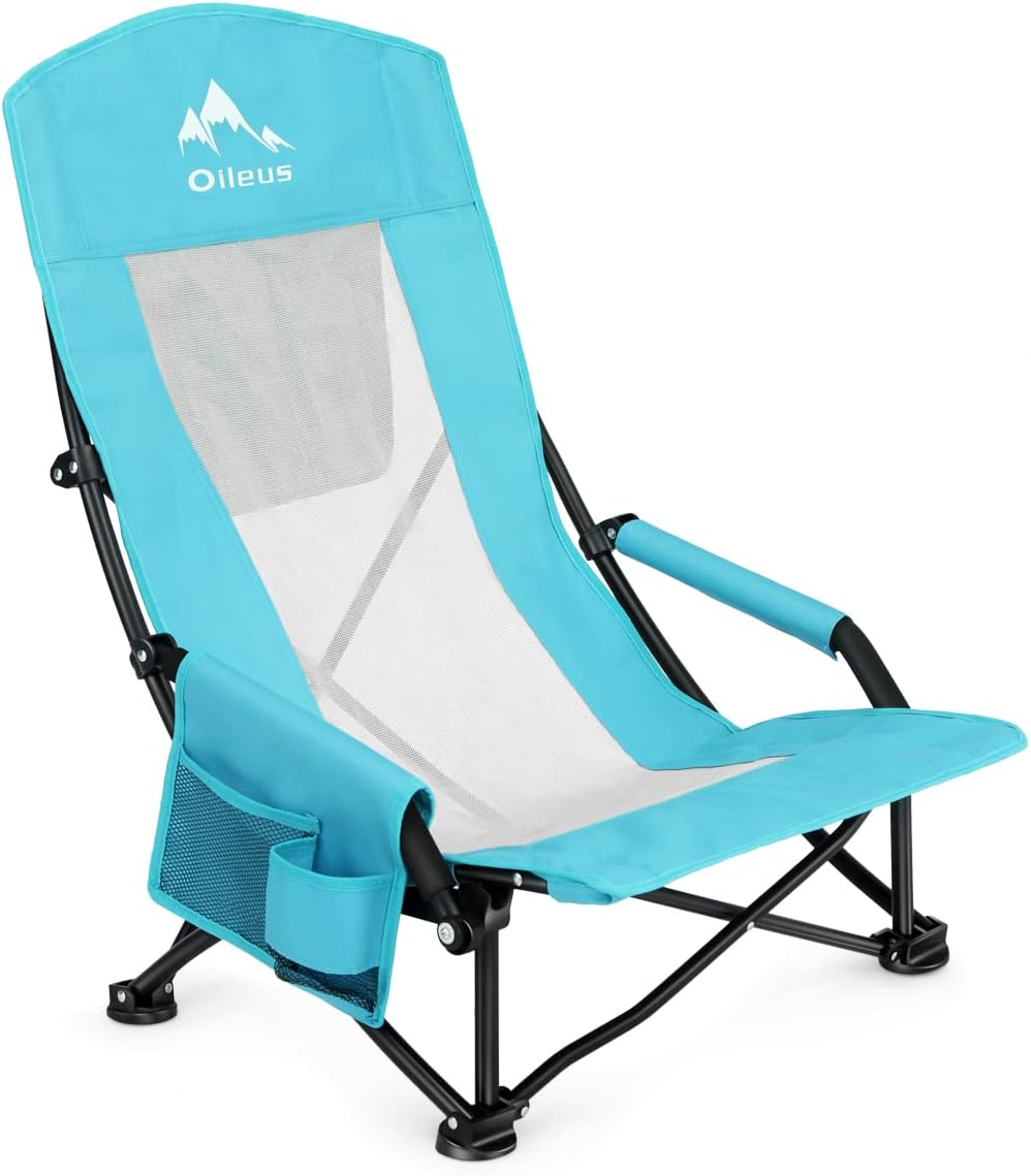 Oileus Folding Portable Beach Chair, High-Back Low-Seat Lightweight Chair for Beach Tents, Shelters, and Camping, Full Mesh Backrest | Cup Holder | Storage Bag | Carrying Bag | 2 Armrests