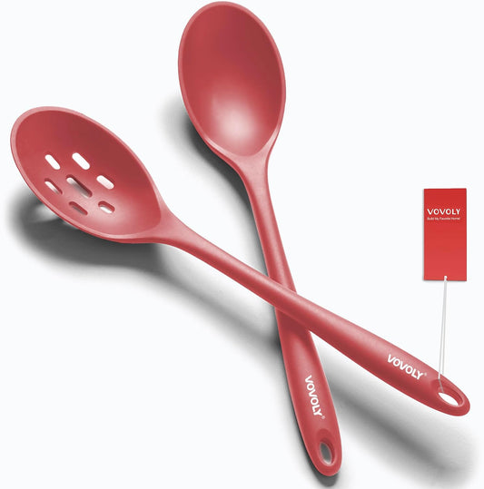 Vovoly Silicone Spoons for Cooking - Extra Large Solid & Slotted Set, Red