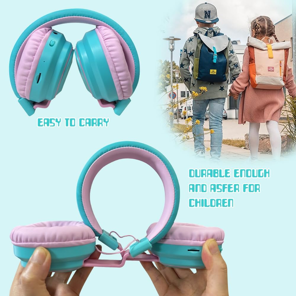 Mokata Kids Headphones Bluetooth 5.3 Wireless Lightweight Fast Charging 68 Hours Play Time Volume Limited 85/94dB Over Ear Foldable with Built-in Mic for Toddler Boy Girl Tablet Pad Cyan