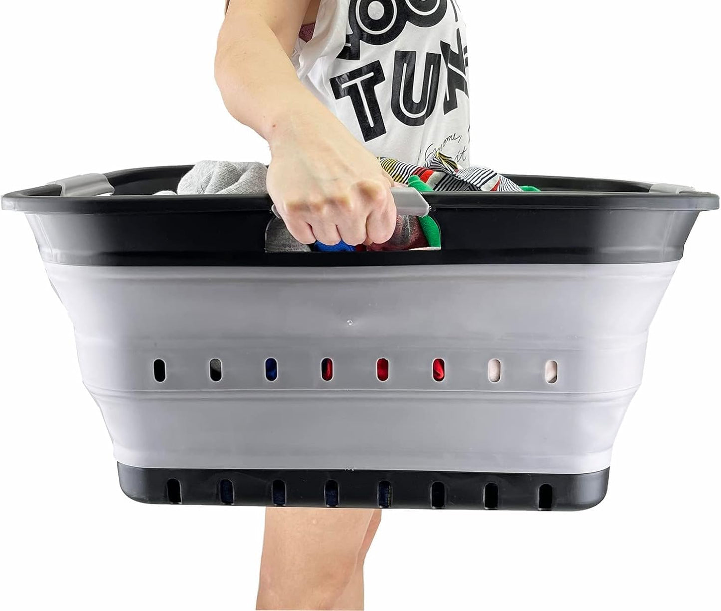 SAMMART 42L (11 gallon) Collapsible Plastic Laundry Basket - Foldable Pop Up Storage Container/Organizer - Portable Basket - Space Saving Hamper (Black/Alloy Grey (Set of 2))