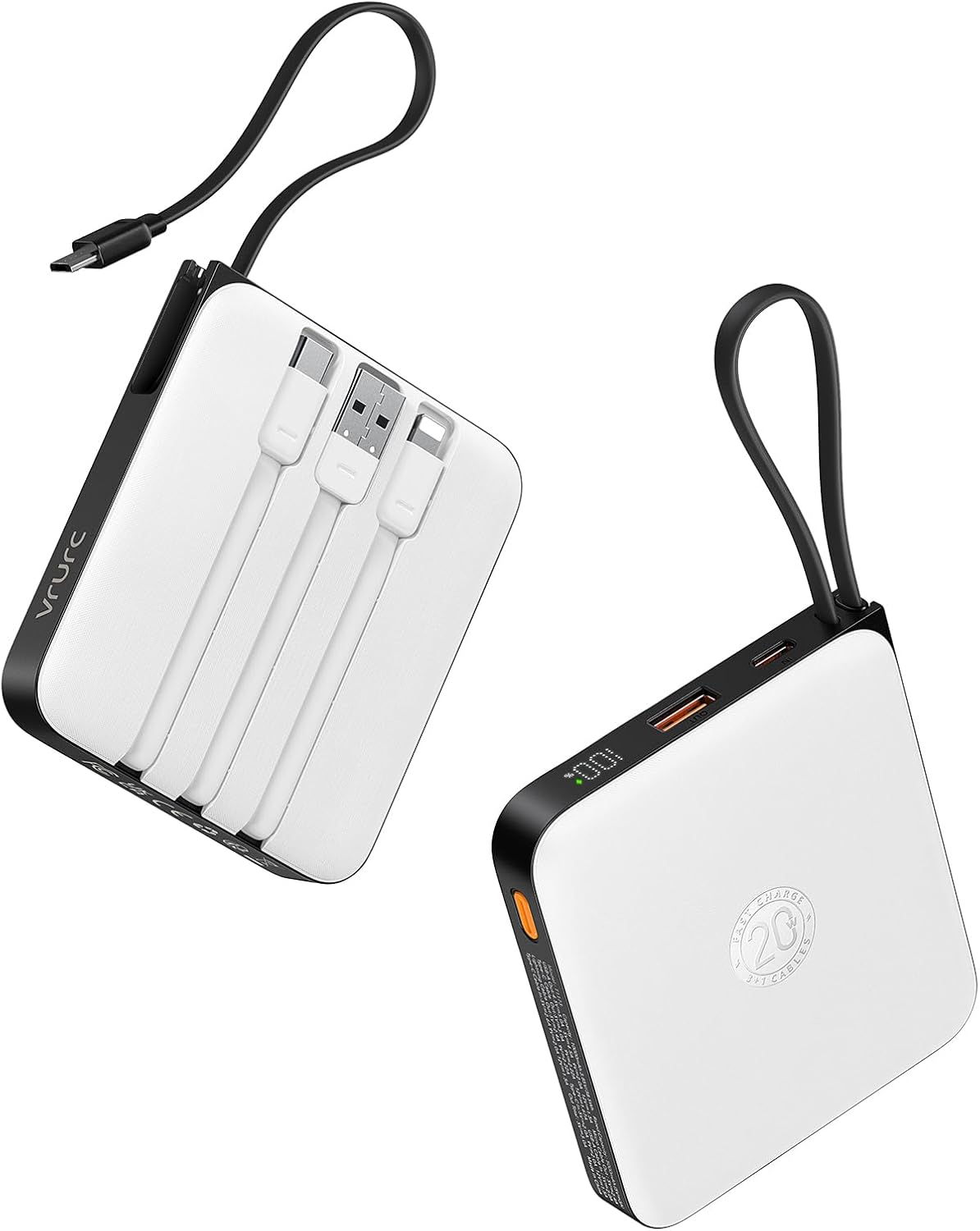 VRURC Battery Pack Charger Portable 10000mAh, 22.5W Power Bank Fast Charging with Built-in Cable, Cell Phone Power Bank for iPhone 17 16 15 & Early Series (White)
