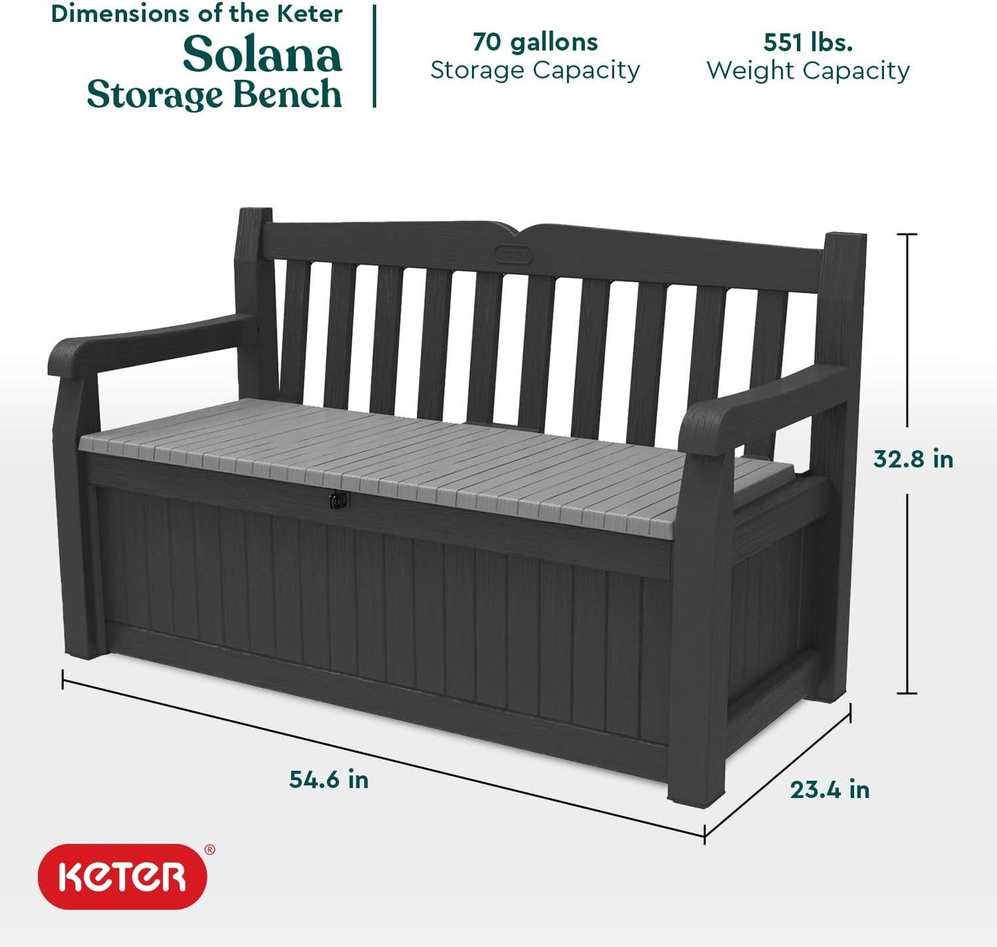Keter Solana 70 Gallon Storage Bench Deck Box for Patio Furniture, Front Porch Decor and Outdoor Seating – Perfect to Store Garden Tools and Pool Floats, Graphite