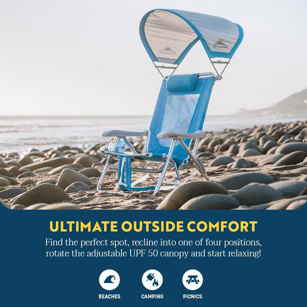 GCI Outdoor Sunshade Backpack Beach Chair | Reclining Folding Canopy Chair with Durable Armrests, Drink Holder & Carry Straps, Perfect for Beach Trips & Picnics — Saybrook Blue
