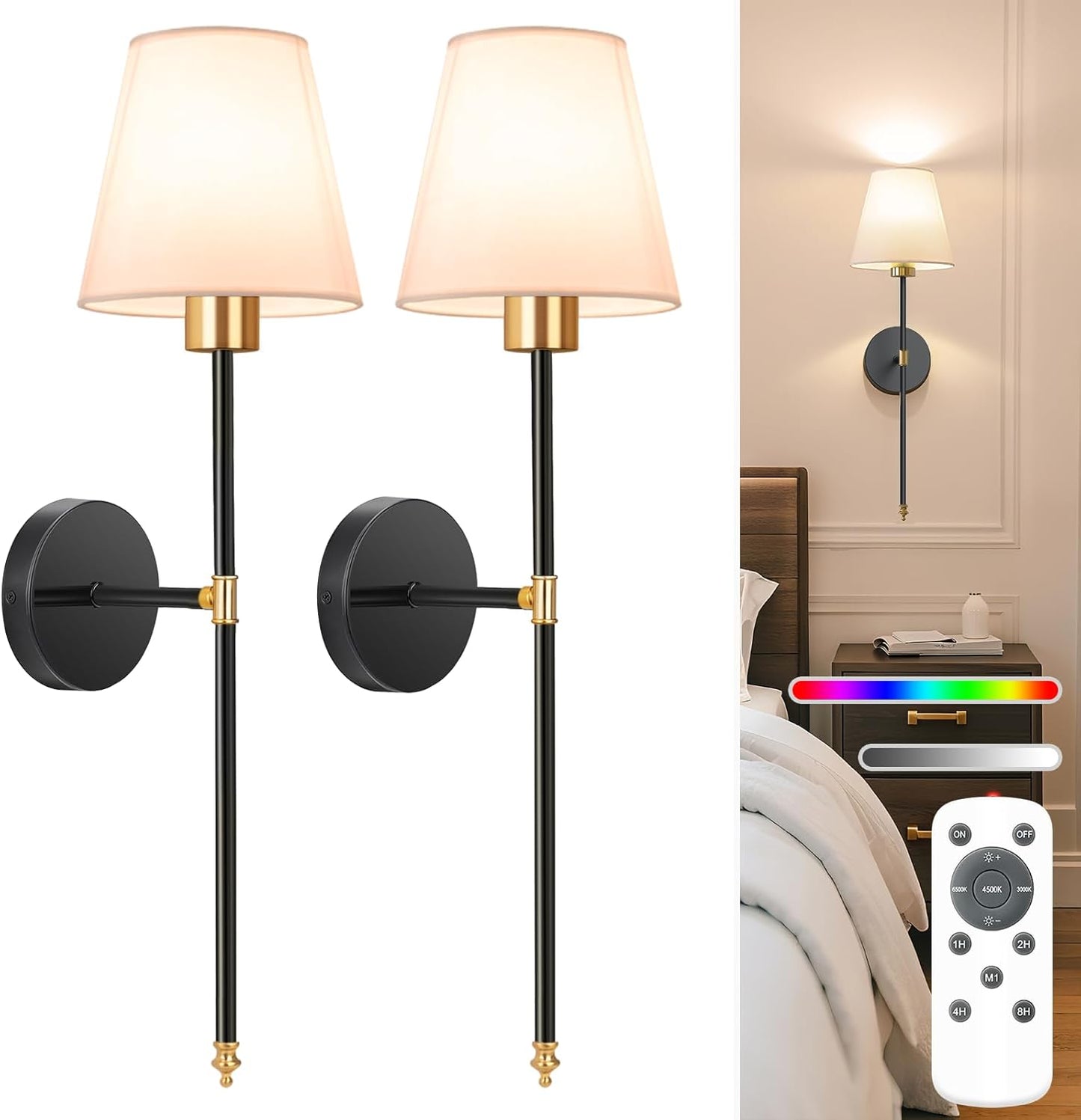 NIORSUN Battery Operated Wall Sconce Set of 2,Gold-Black Rechargeable Wall Lights with 10400mAh Dimmable Bulbs and Remote,9 Colors Wireless Wall Lamps for Bedroom Living Room Hallway Decor