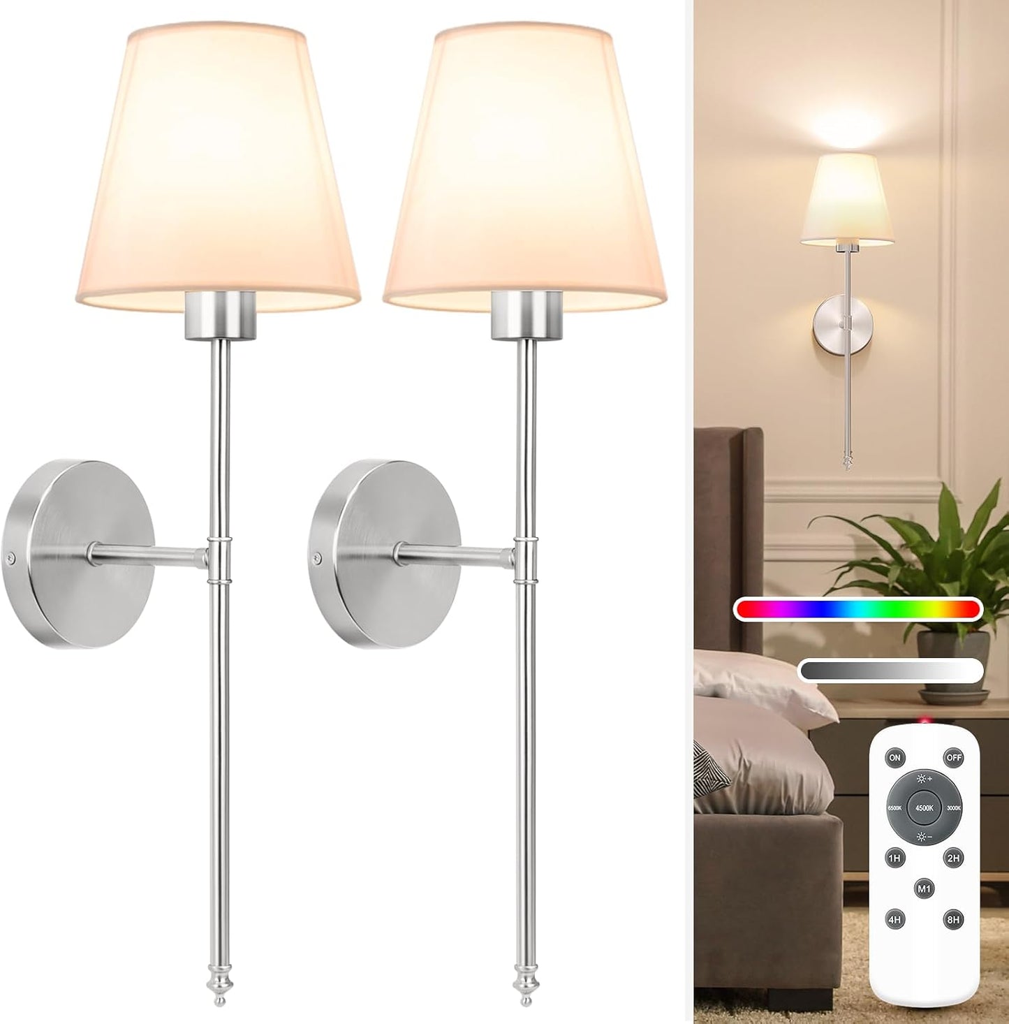 NIORSUN Battery Operated Wall Sconce Set of 2,Brushed Nickel Rechargeable Wall Lights with 10400mAh Dimmable Detachable Bulbs and Remote, 10 Colors Wireless Sconces for Bedroom Living Room Hallway