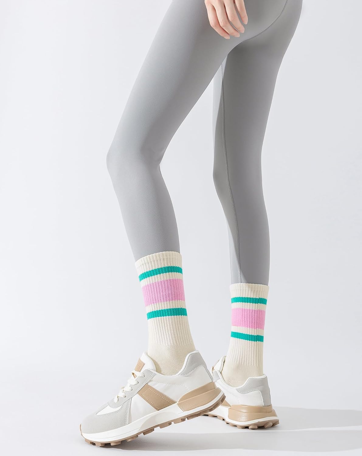 Yawlsow Pilates Grip Socks for Women Yoga Grippy Striped Retro Crew Socks Non Slip Sticky Barre Sock with Grippers 3/5 Pairs