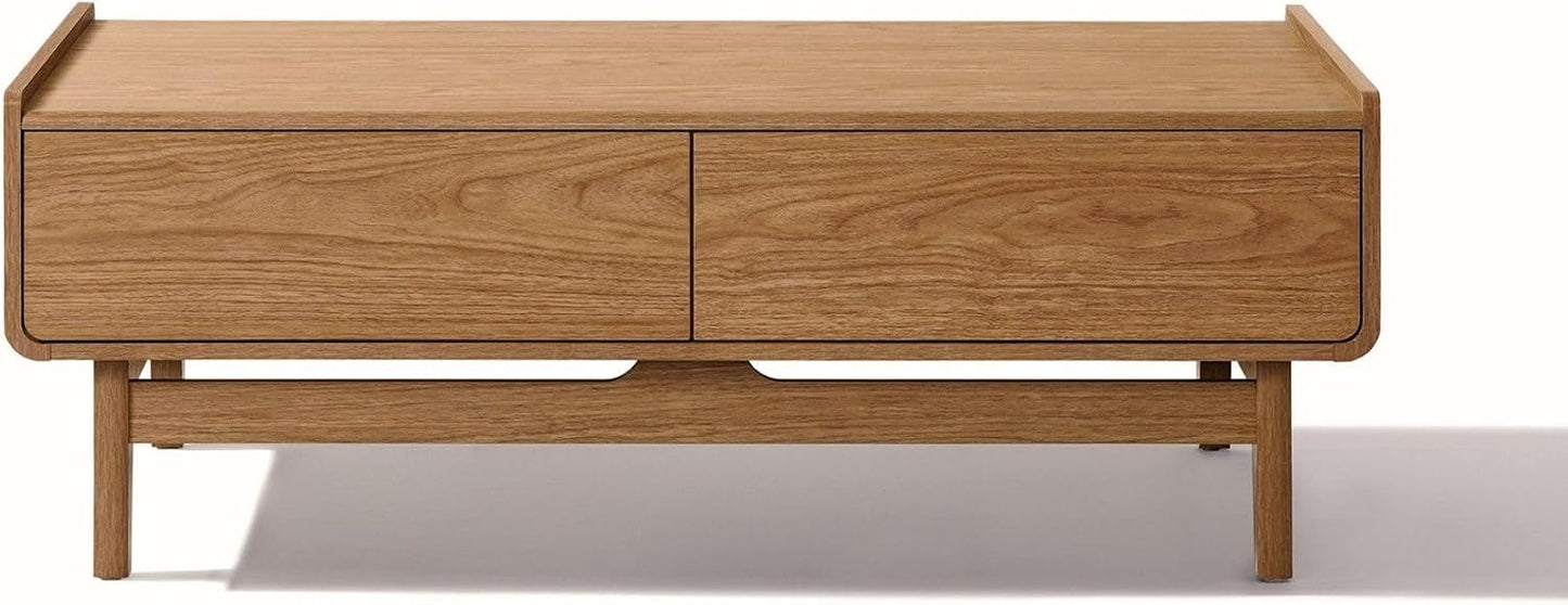 LuxenHome 47" Coffee Table with Storage, Oak Center Table for Living Room | Summer Oak Mid-Century Design, Round Edge Space-Saving Rectangular Top, Tapered Legs, Versatile Home Office Use