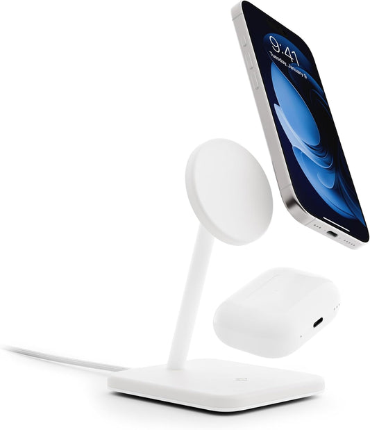 Twelve South HiRise 2 Deluxe 2-in-1 Wireless Charging Station, White | The Qi2 magnetic arm delivers 15W to your iPhone while the 5W base tops up AirPods Pro; tilts 70 degrees for StandBy mode.