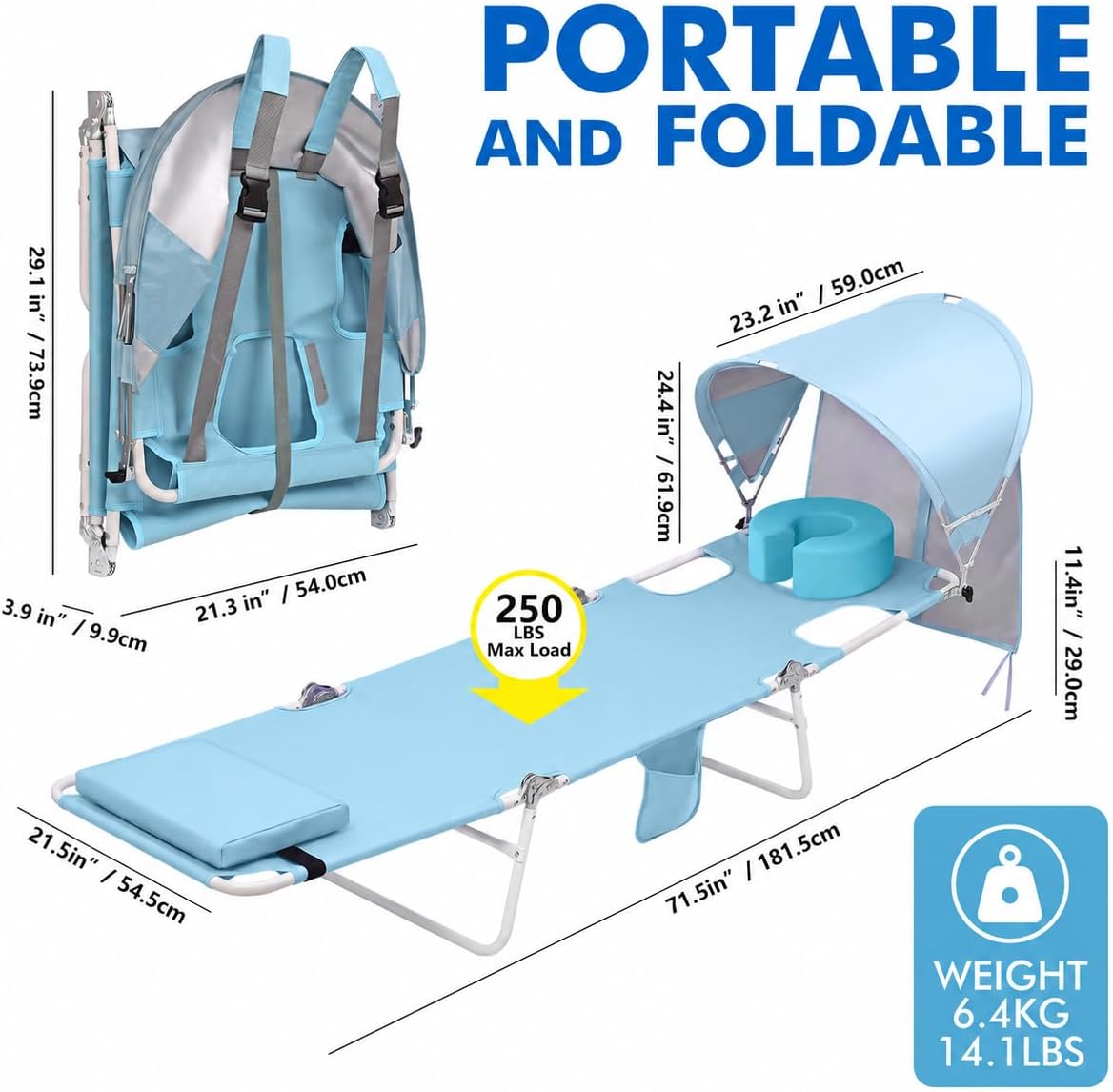 Backpack Beach Tanning Lounge Chair with Canopy Shade Face Hole Padded Adjustable Washable, 6 Position Layout Chair for Outside Sunbathing Poolside Lawn, UPF 50+ Wind-Resistant Sun Shade, Patented