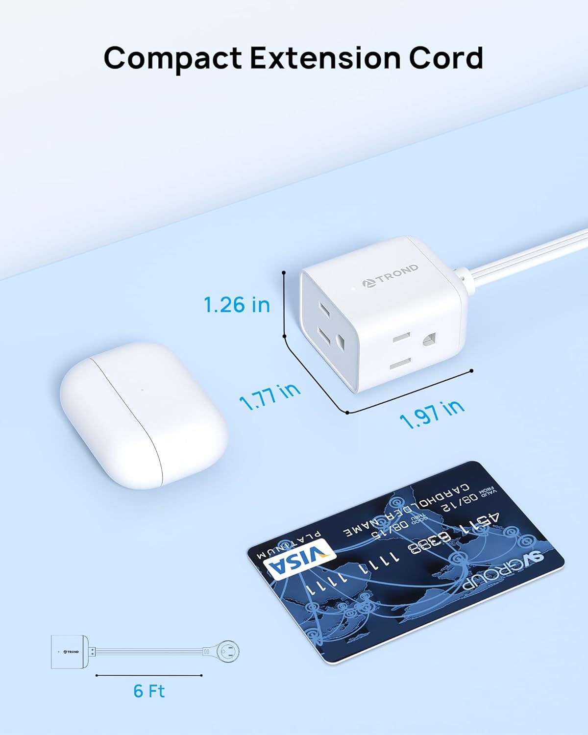 TROND Flat Extension Cord 6ft with 360° Rotating Plug, ETL Listed 3 Prong Power Strip, Low Profile Three Outlets, 13A, SPT 16/3 Gauge, Small for Tight Spaces Indoor Home Office Cruise Travel, White