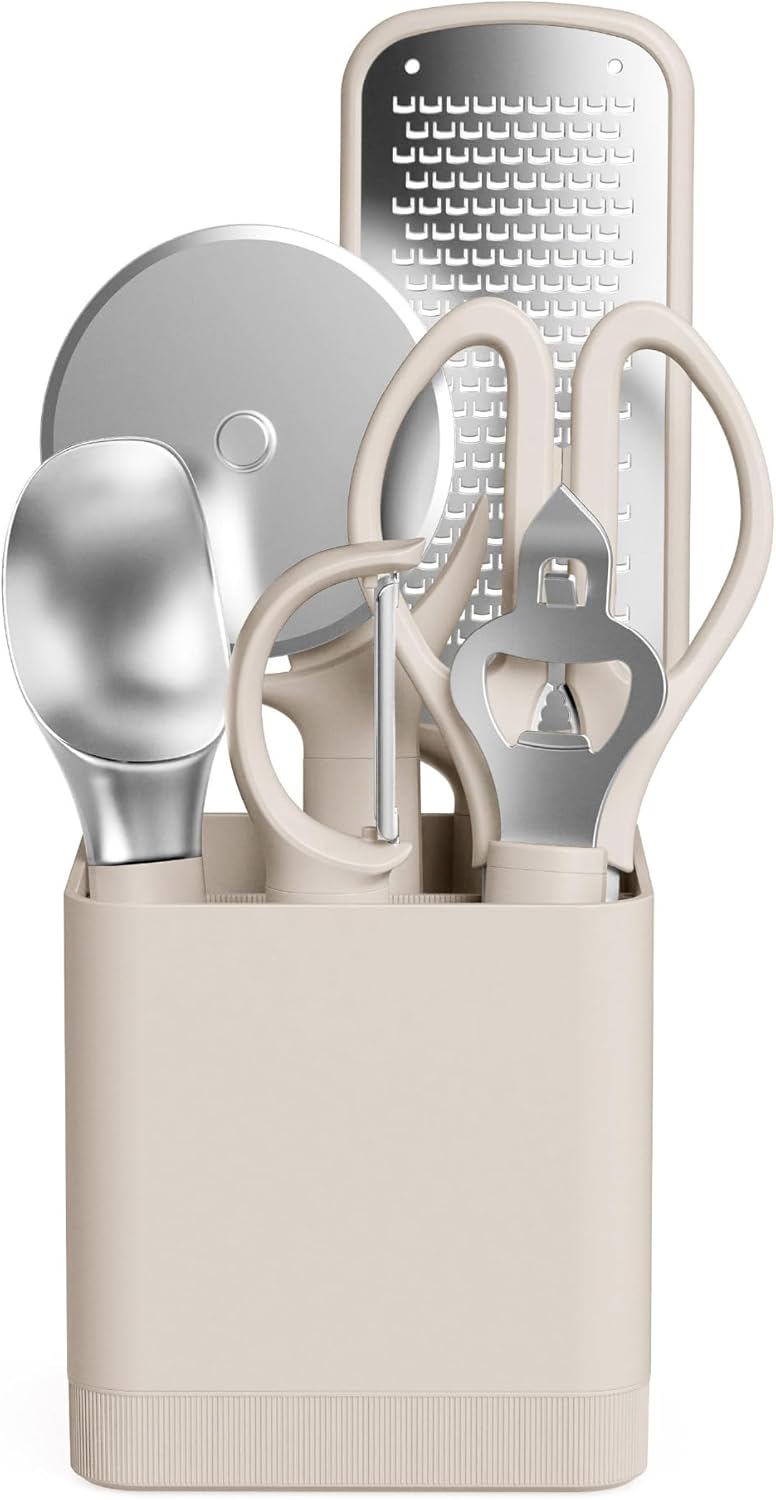 bella 7-Piece Modular Gadget Set, Grater, Pizza Cutter, Ice Cream Scoop, Peeler, Shears, Bottle Opener, Crock with removable divider, Dishwasher Safe, Oatmilk