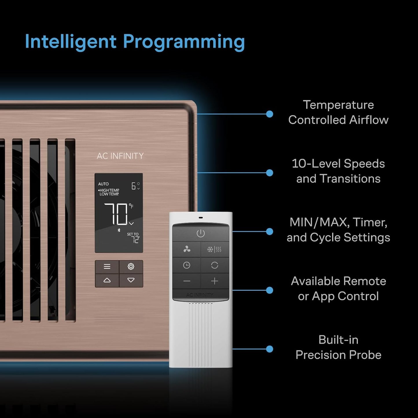 AC Infinity AIRTAP T4 Bronze, Register Booster Fan for 4” x 10” Vents, Thermostat Control Improves Heating & Cooling, Quiet 10-Speed Remote Control & Bluetooth App. ONLY FITS 4” x 10” Duct Openings