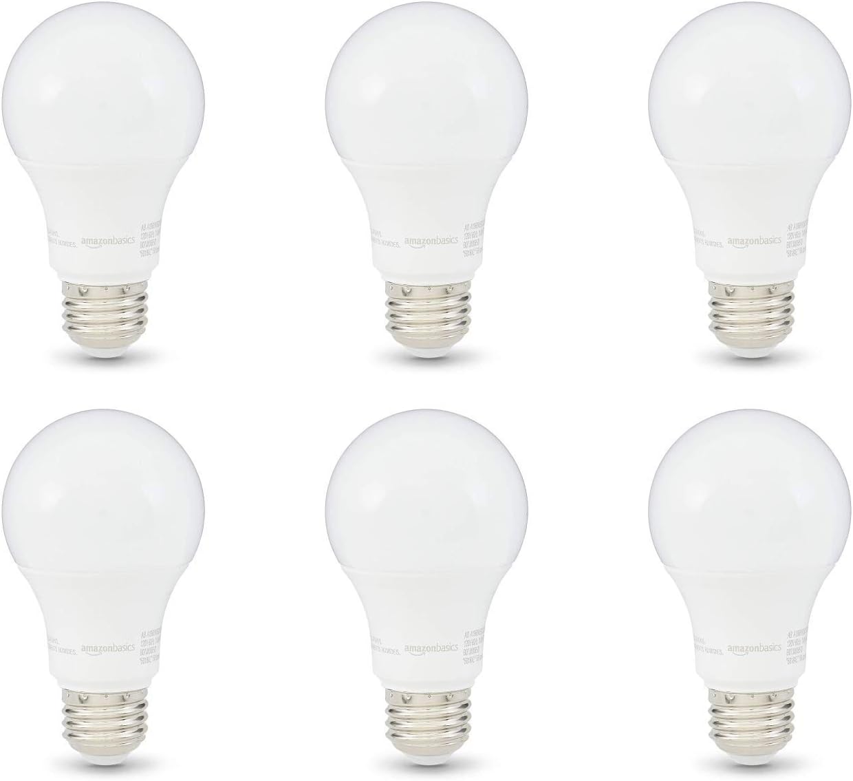 Amazon Basics A19 LED Light Bulbs, 60 Watt Equivalent, Energy Efficient 9W, E26 Standard Base, Soft White 2700K, Dimmable, 10,000 Hour Lifetime , 6-Pack