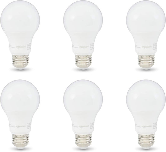 Amazon Basics A19 LED Light Bulbs, 60 Watt Equivalent, Energy Efficient 9W, E26 Standard Base, Soft White 2700K, Dimmable, 10,000 Hour Lifetime , 6-Pack