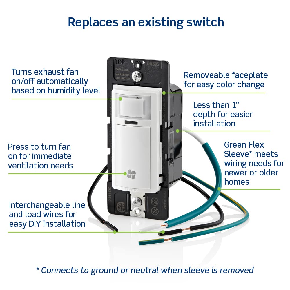 Leviton Humidity Sensor Switch for Bathroom Exhaust Fan, Automate Ventilation, Air Circulation, Moisture Control, ¼ HP, Single Pole, DHS05-1LI, Ivory