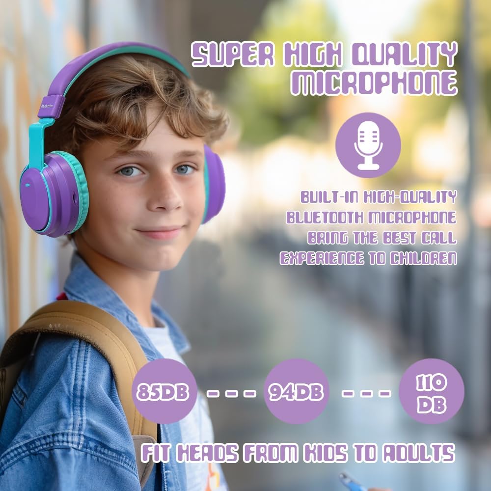 Mokata Kids Headphones Bluetooth 5.3 Wireless Lightweight Fast Charging 68 Hours Play Time Volume Limited 85/94dB Over Ear Foldable with Built-in Mic for Toddler Boy Girl Tablet Pad Purple