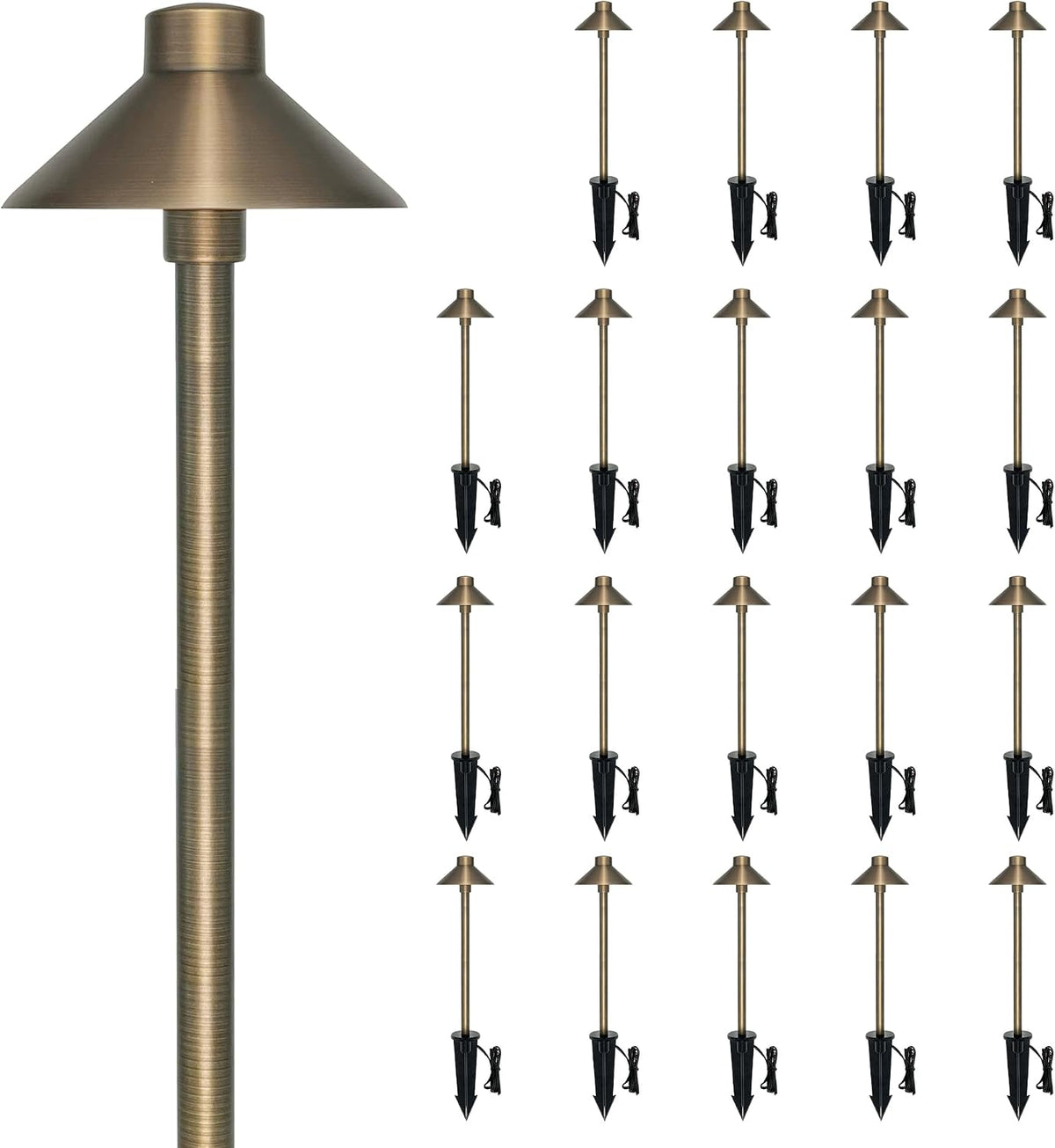 GKOLED Solid Brass Landscape Path Lights (5" Shade, 20" Tall), Low Voltage LED 3W 12-24V China Hat Path Lighting, Outdoor Waterproof Walkway Light, 2700K Warm White, with Stake and G4 Bulb, 12 Pack