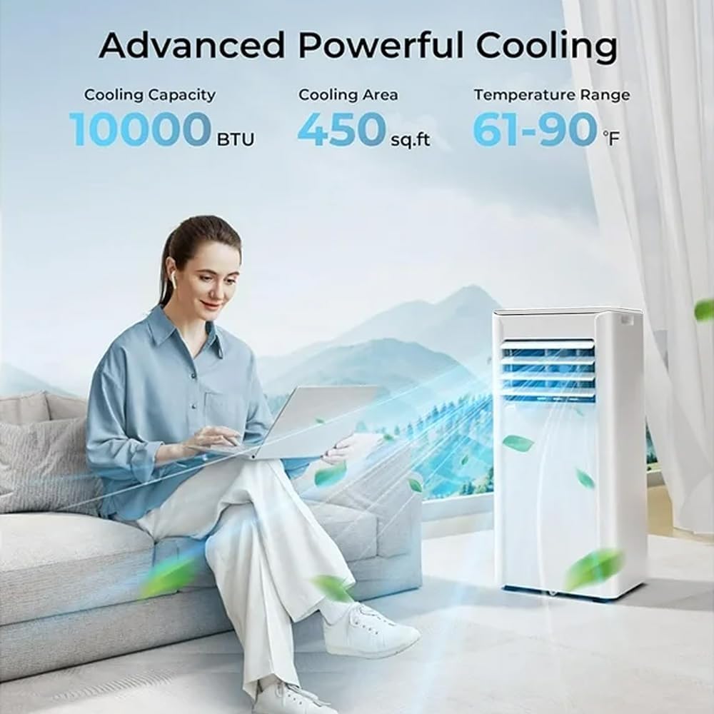 10000 BTU Portable Air Conditioner, 4-in-1 Cools 450 Sq.Ft, Quiet AC with Fan & Dehumidifier, LED Display, Remote, 24H Timer, Portable AC Units with Window Kit, for Bedroom/Office/Dorms