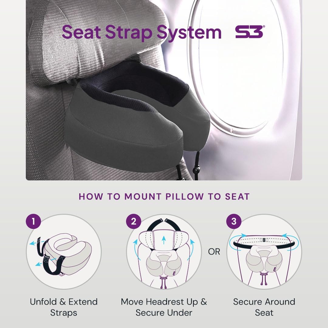 Cabeau Evolution S3 Airplane Travel Pillow for Long Flights - Supportive Memory Foam Body Positioner with Seat Straps to Secure Your Head and Neck and Provides 360 Support (Jet Black)