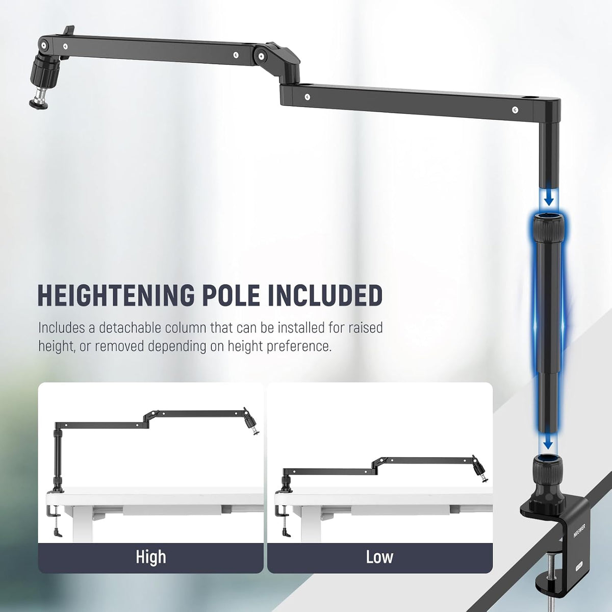 NEEWER Low Profile Mic Arm Desk Stand Mount with Damping, 360° Swivel Articulating Boom Arms with Heighten Pole & Cable Management Channels for Microphone Podcast Gaming Streaming Zoom Calls, MST002