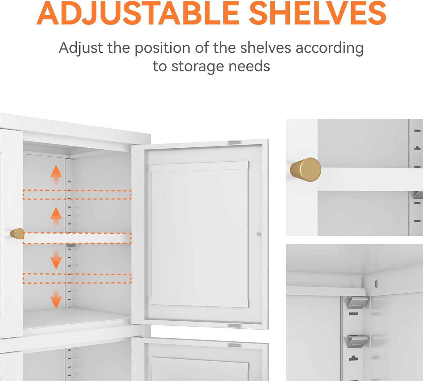 Metal Bathroom Storage Cabinet, Freestanding Pantry Floor Cabinet with 4 Doors and 2 Adjustable Shelves for Living Room, Dining Room, Kitchen (White, 43.3" H-4 Doors)