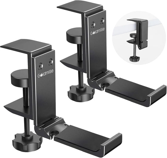 2 Pack Aluminum Headphone Stand Hanger Foldable with Cable Clip - Headset Holder Clamp Hook Under Desk, Save Your Space While Working & Gaming