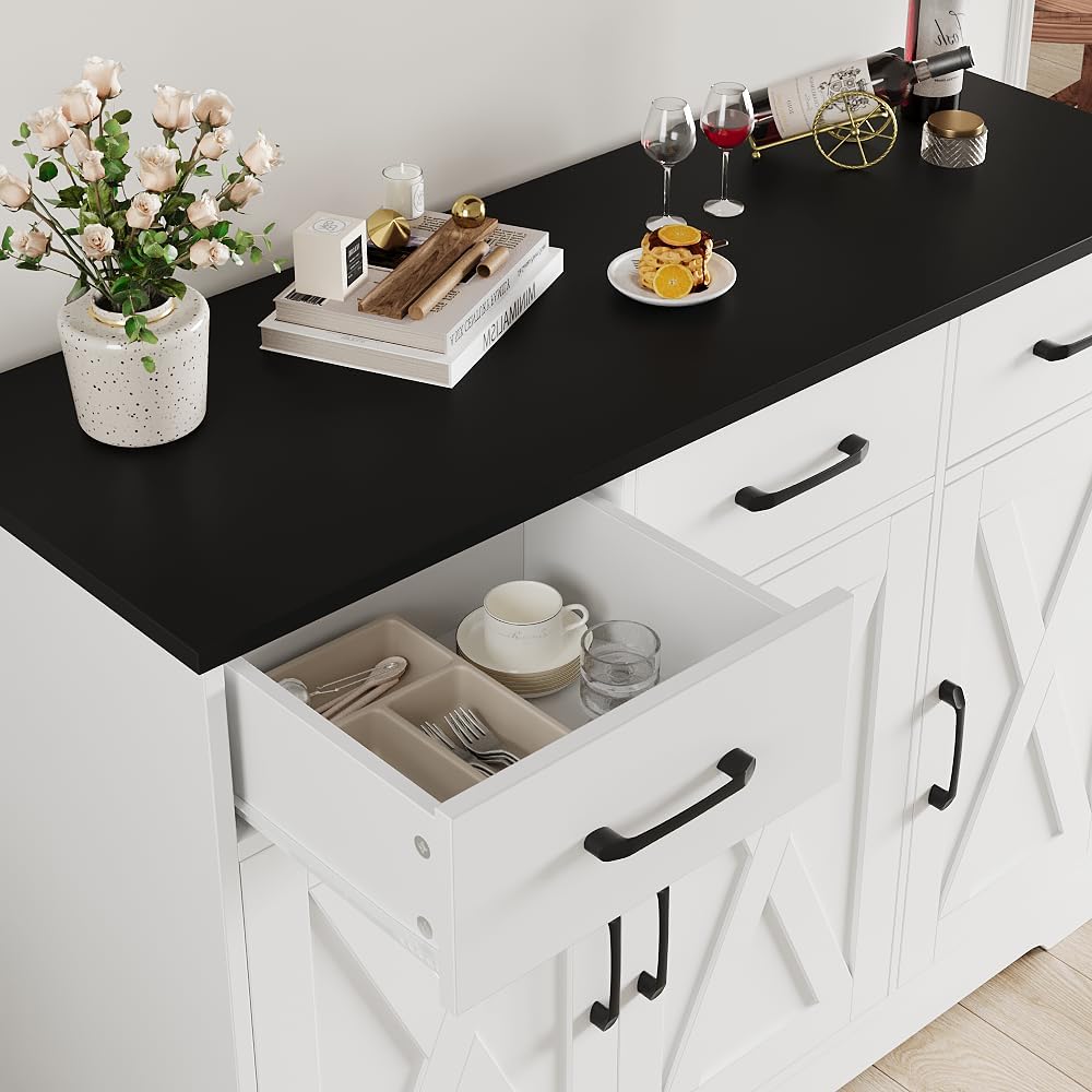 HOSTACK Kitchen Buffet Cabinet with Storage, Sideboard Coffee Bar, White | Farmhouse Kitchen Storage Cabinet with 3 Drawers & Adjustable Shelf & Doors, 42.5"W Buffet Table for Dining Living Room