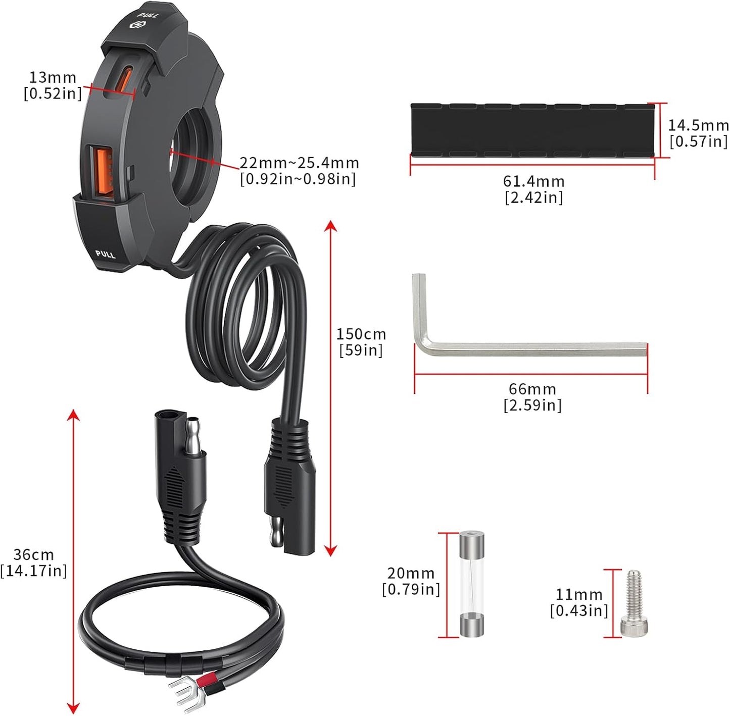 BlueFire Motorcycle USB Charger, Dual Motorcycle Handlebar Socket, USB QC3.0 Type-C 30W PD Fast Car Charger Power Adapter Charger Voltmeter for Phones/Tablets/GPS