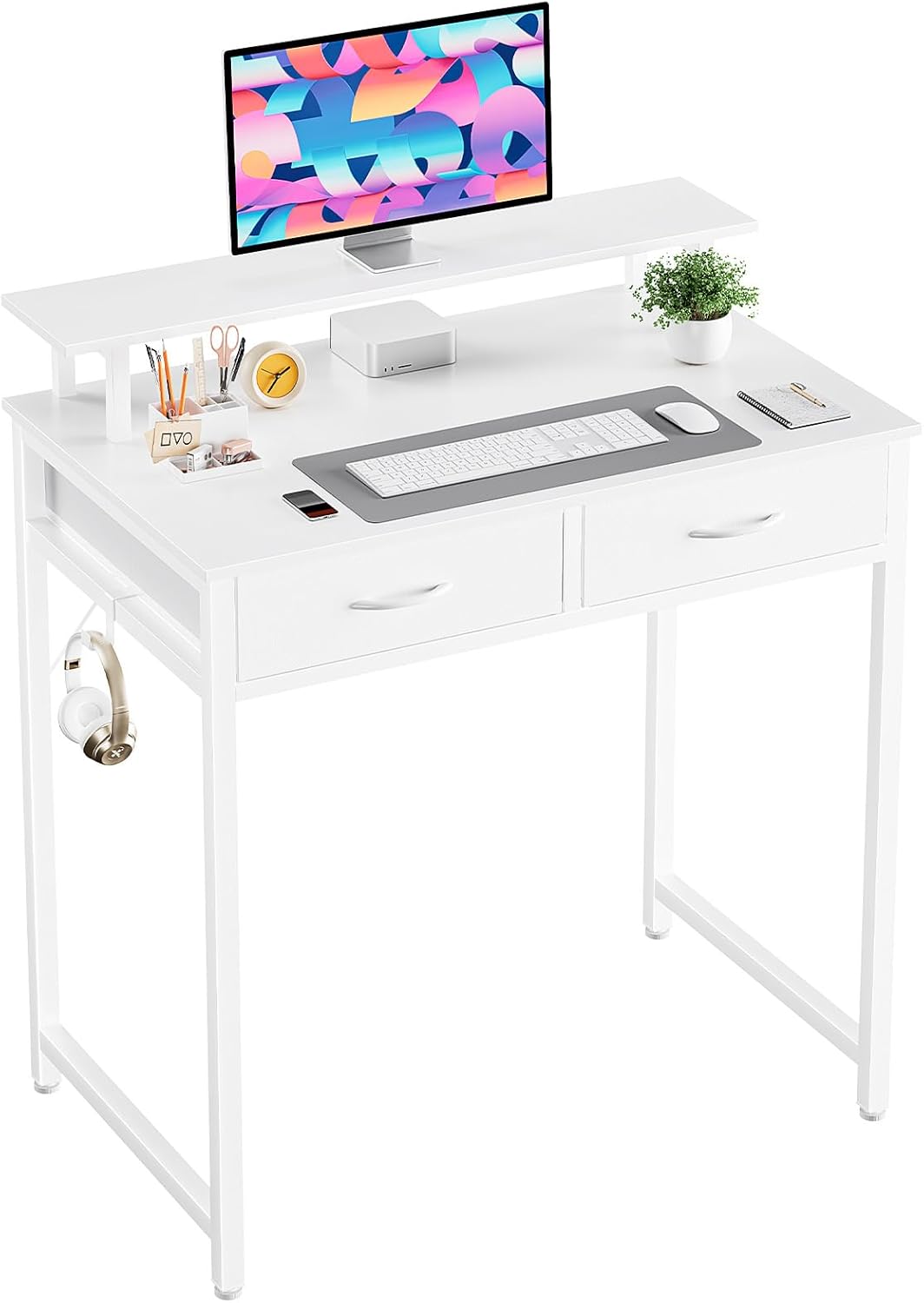 DUMOS 31.5" x 19.7" Compact Computer Desk with Monitor Stand and 2 Drawers, Small Writing Desk with Drawers for Home Office, Study Table for Small Spaces, White