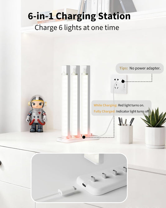 6-Pack 8-Inch Under Cabinet Lighting with Charging Station Rechargeable Motion Sensor Light Indoor 3 Color Dimmable Closet Light USB LED Magnetic Wireless Under Counter Lights for Kitchen Stair