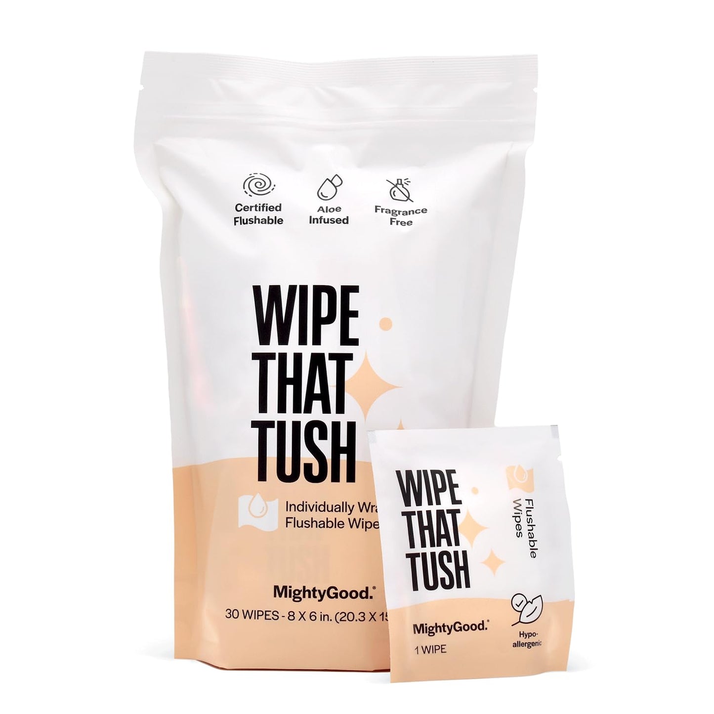 Wipe That Tush On-The-Go Flushable Wipes - 1 Packs of 30 Individually Wrapped Travel Wipes - Fragrance Free & Hypoallergenic - Extra Large & Soft - Aloe & Vitamin E - Septic-Safe - Travel Essentials