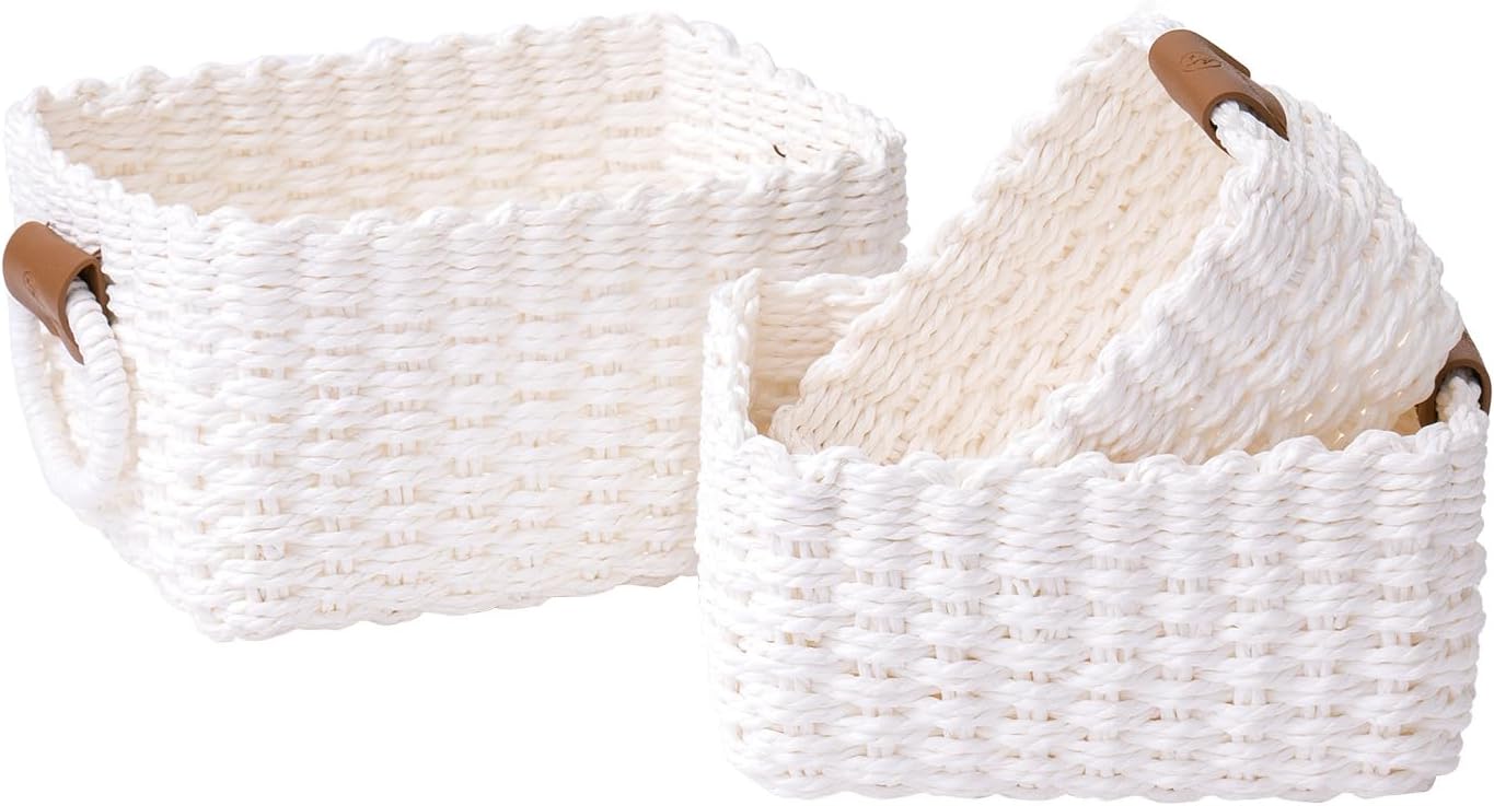 LA JOLIE MUSE Small Wicker Baskets for Organizing, Recycled Paper Rope Storage Basket Container Bins for Shelves Bathroom Cupboards Drawer, Decorative Square Basket Organizer Set of 3, Black