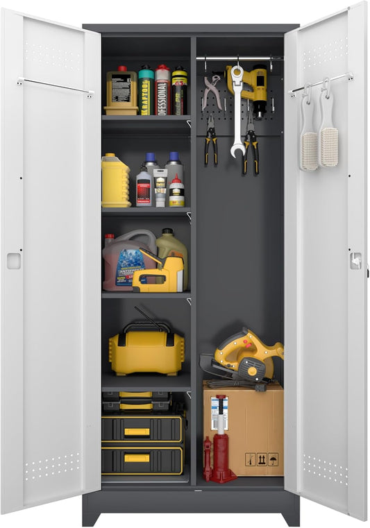 LUCYPAL Broom Storage Cabinet with Locking Doors and Shelves,Broom Closet Storage Cabinet with Hanging Rod and Hooks,Metal Garage Cabinets for Kitchen,Bathroom,Office 72.8" H White&Grey