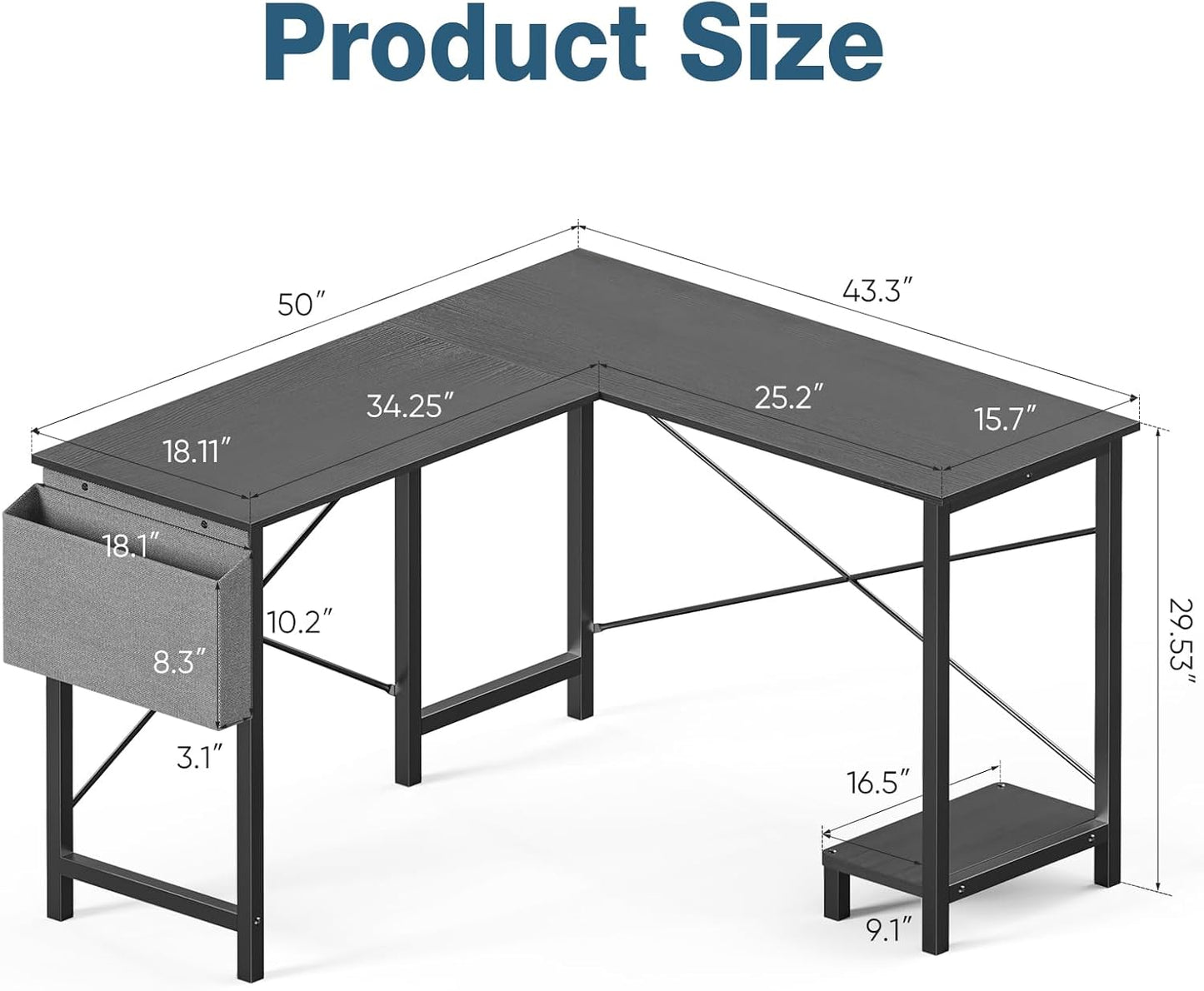 OLIXIS L Shaped Desk, 50-Inch Office Computer Gaming Desks Corner PC Table with Side Bag and Reversible Shelf for Home Work Study Writing Black