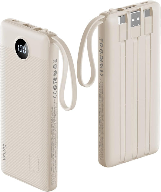 VRURC Portable Charger Power Bank,10000mAh Travel Essentials Battery Pack, 5 Outputs 2 Inputs Slim USB C Charging Bank Built-in 4 Cables for All Cell Phones, Samsung,Android-Light Coffee(1 Pack)