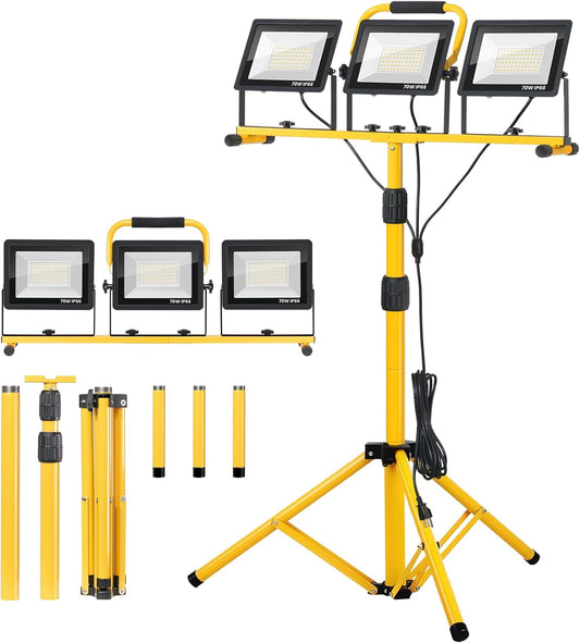 Zetunlo 21000Lumen LED Work Lights with Stand - 3 Head Portable Work Light with 16FT Cord - IP66 Waterproof Tripod Worklights for Outdoor Indoor Job Site Workshop Garage Construction Site Lighting