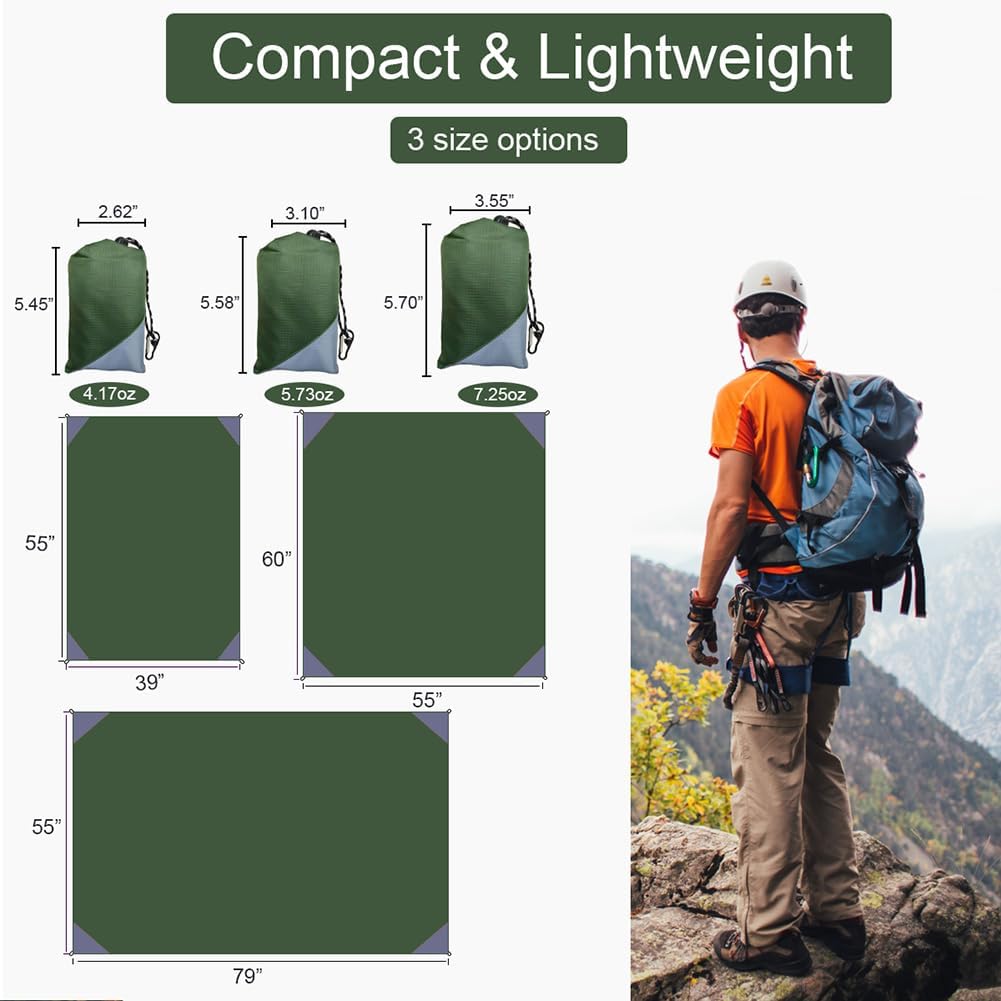 Orga'Neat Pocket Picnic Blanket, Beach Mat Waterproof Sandproof, Compact Lightweight Small Tarp for Camping, Hiking, Backpacking, Festival, Travel, Foldable in Bags (Army Green/Grey, 55"x60")
