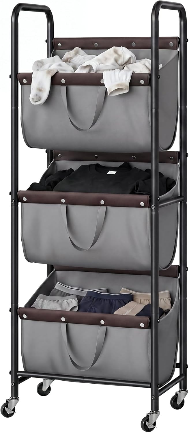 GRANNY SAYS 3 Section Tiered Laundry Sorter, Slim Vertical Laundry Hamper with Wheels, Narrow Rolling Laundry Cart with Removable Bags for Laundry Room, Bathroom, Closet, Dorm, Grey
