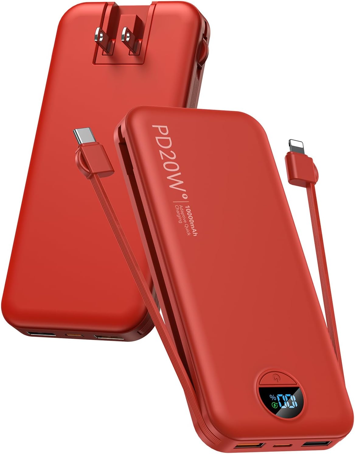 citicr Portable Charger Power Bank, 10000mAh PD20W USB C Fast Charging with Built-in Cables & Wall Plug, 5-in-1 Battery Pack with LED Display, Ultimate Travel Essential for iPhone, iPad, Samsung Red