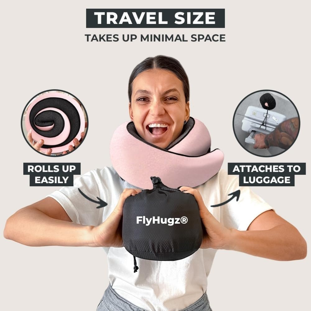 FlyHugz® Neck Travel Pillow Memory Foam Neck Pillow for Comfort on Airplane Compact and Ergonomic Design for Travel, Car Rides, and Home Use Ideal for Adults and Kids. (Pink)