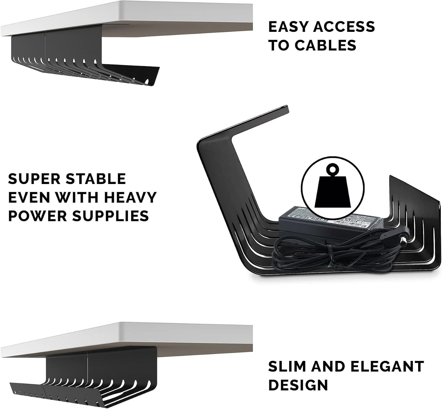 PAMO Cable Management Under Desk, Set of 3 - Grey/Silver | Easy under-table mounting keeps cables organized, includes 10 cable ties for a clean and tidy office or home workspace.
