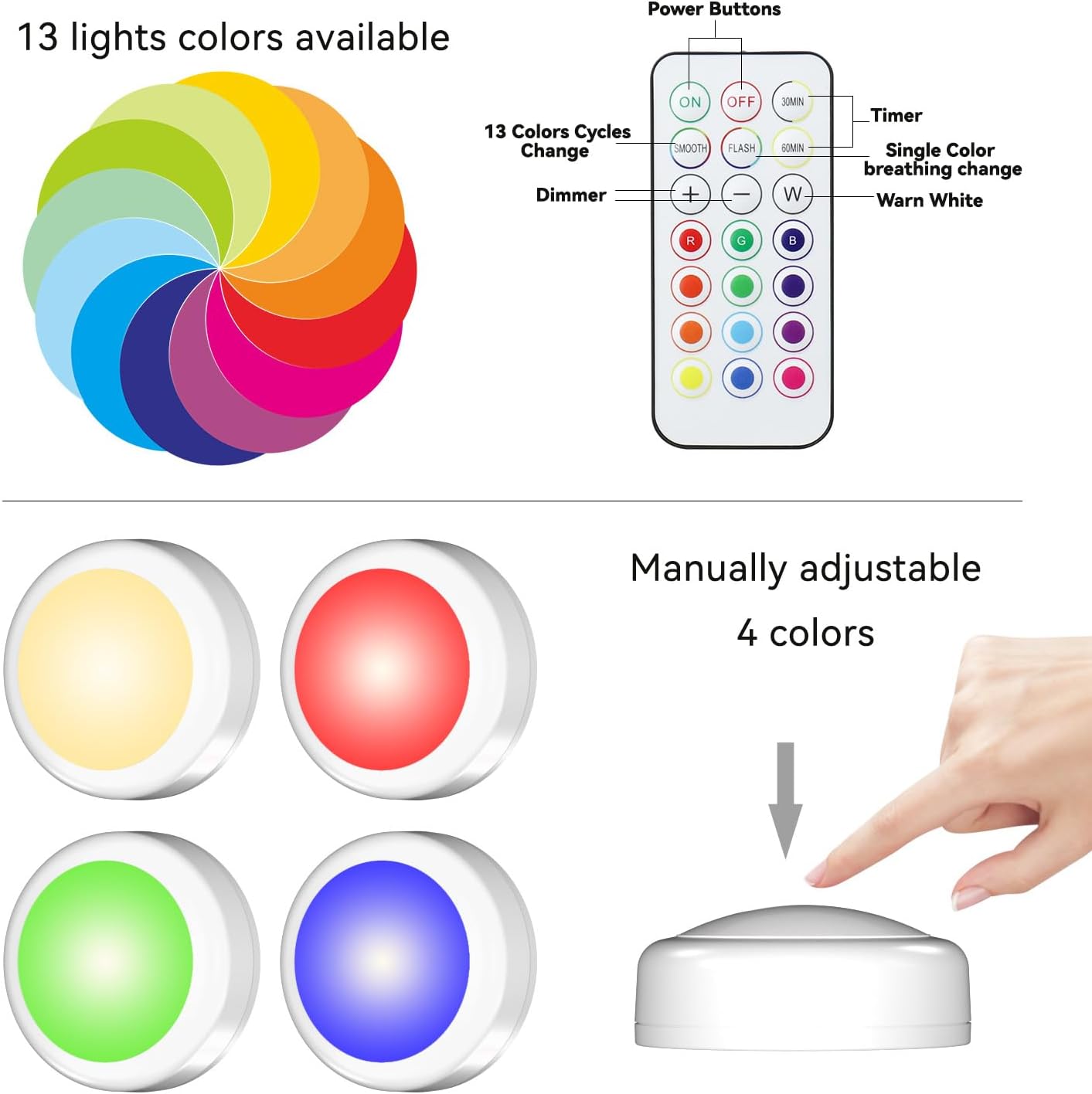 SEMSMOKS LED Puck Lights with Remote, Battery Operated -6 Pack | 13 Color RGB, Wireless Push Light, Under Cabinet, Battery Powered Puck Lights, 3M Stick On, For Bedroom Closet Cabinet
