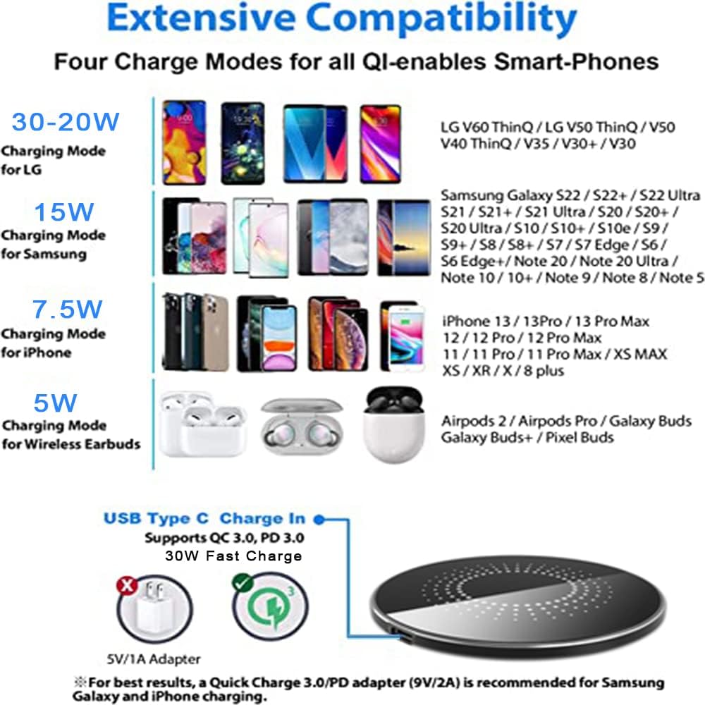 30W Wireless Charger Pad, Wireless Charge 30W, Fast Wireless Charger, Wireless Charging Compatible with Samsung Galaxy S23/S22/S21/S20, Fast Charger Compatible with iPhone 17/16/15/13/14/12 Series