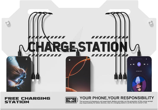 Mechanical Type Wall Mounted Charging Station with 8 PortHigh Speed Cables - Universal Dock for Apple, Type-C & Android Devices, Perfect for Airports, Hotels, Offices, School (White)