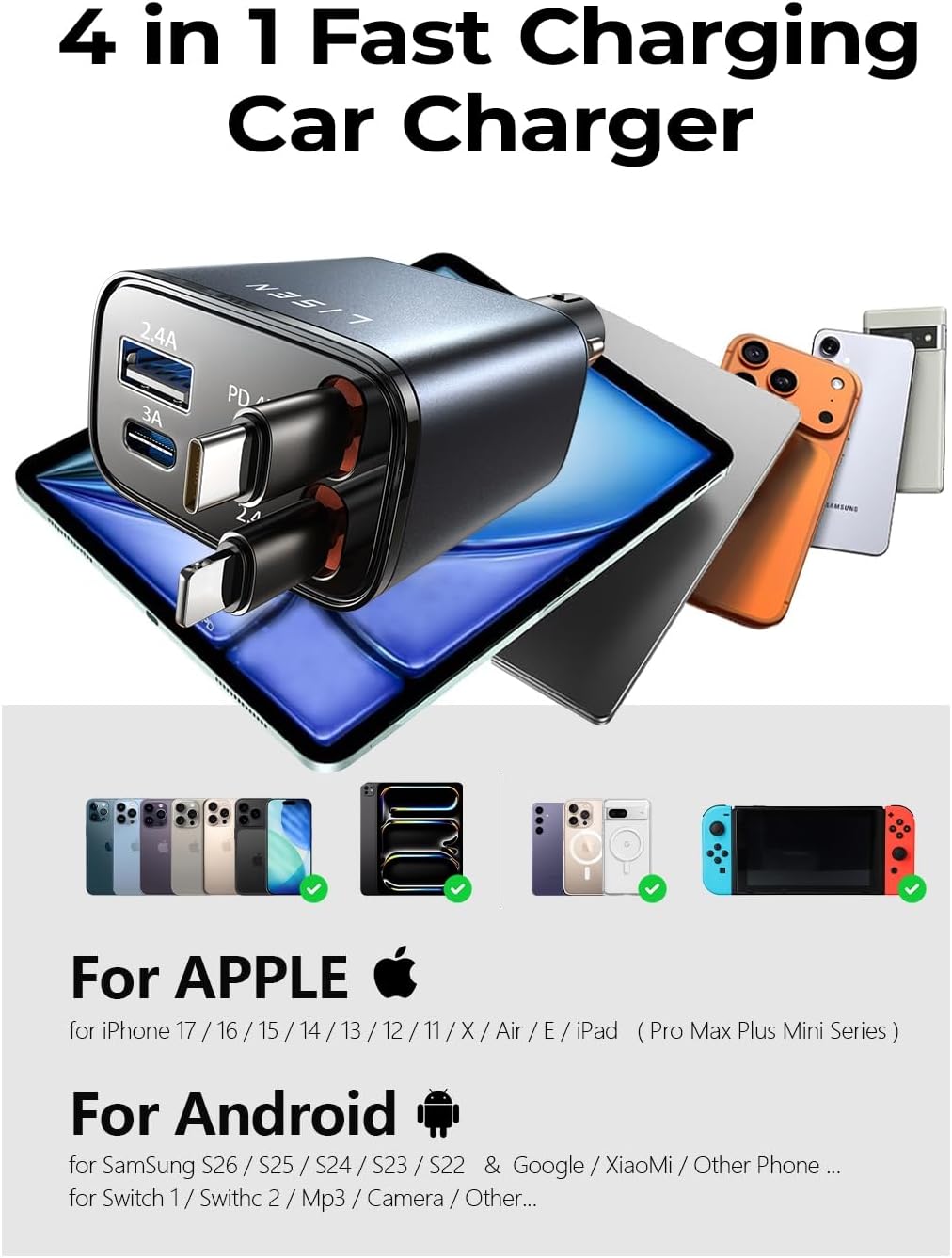 LISEN Retractable Car Charger, 84W Car Charger USB C Fast Charger Adapter for iPhone, Car Accessories for Men Women, Gifts for Fathers Day for Men Dad Husband, for iPhone 17 16 15 14 13 12 11 Samsung