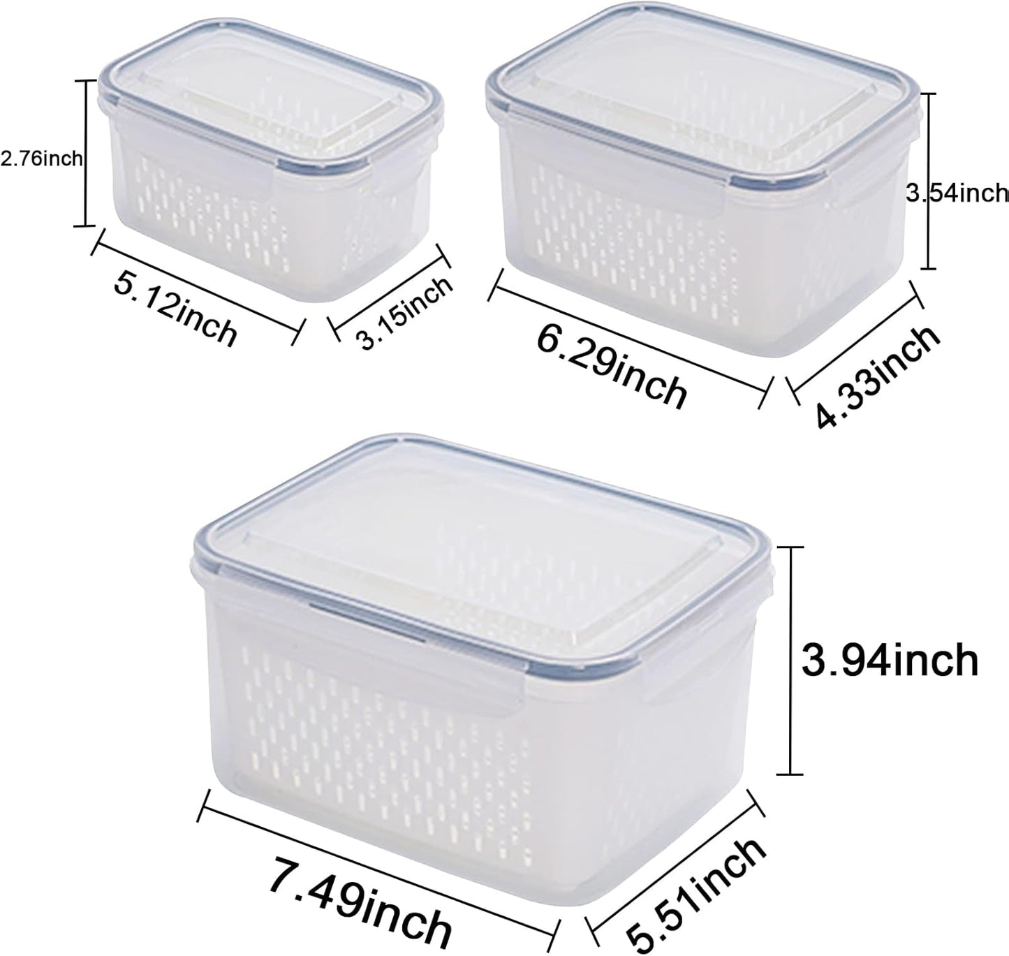 3Pack Fridge Food Storage Container Set with Lids with Strainer,Plastic Fresh Produce Saver Vegetable Fruit Meat Storage Organization, BPA-Free Plastic Produce Keepers(3.15L+1.7L+0.8L)