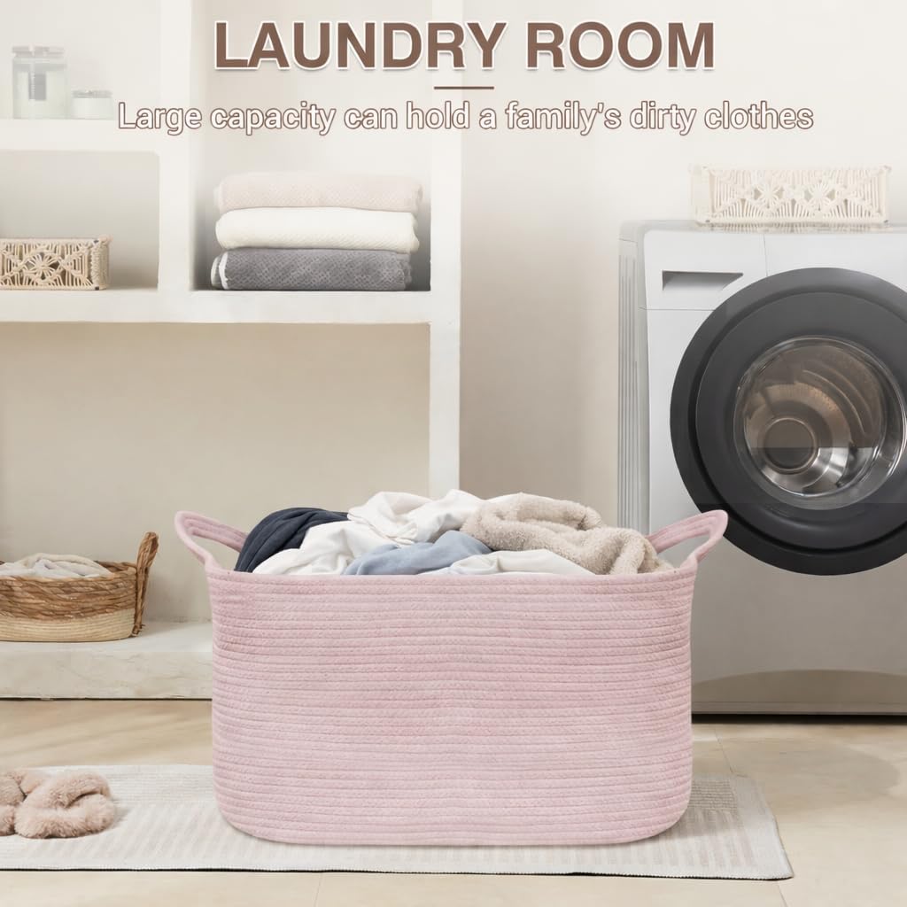 YOUDENOVA Large Blanket Basket, Rectangle Cotton Rope Storage Basket, Pink | 21.6''×14.9''×11.8'' Nursery Laundry Hamper for Storage Clothes Organizing, Woven Basket, Dirty Clothes Organizer Bins