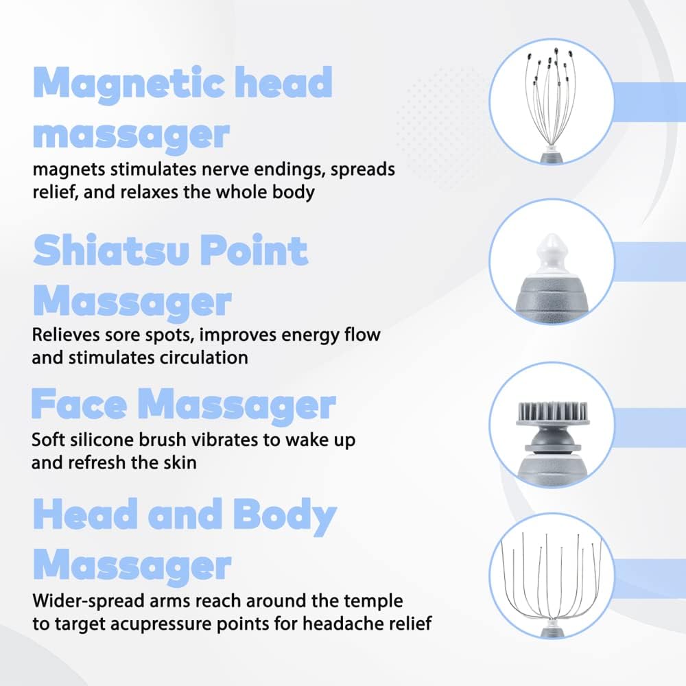 Daiwa Felicity 5-in-1 Electric Scalp Massager for Head, Face & Body – Handheld Vibrating Massager with Magnetic, Shiatsu & Facial Attachments for Relaxation, Stress Relief & Circulation Support