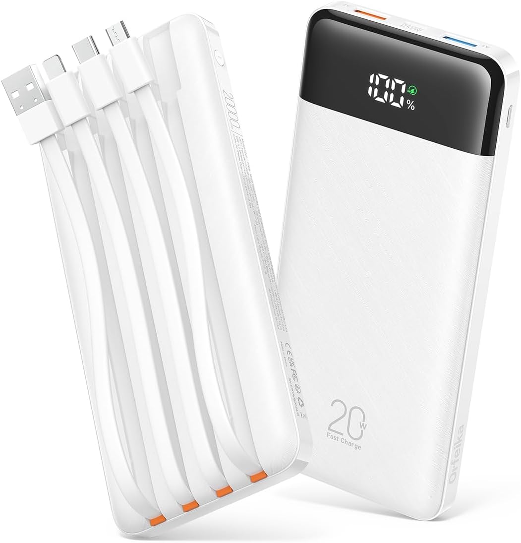 Orfeika 20000mAh Power Bank, Portable Charger with 4 Built-in Cables